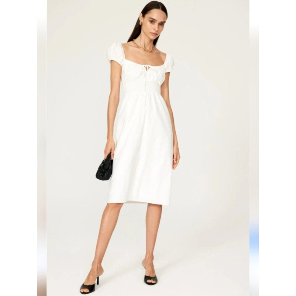 REFORMATION Dress Arna White Keyhole Tie Front Smocked Cottagecore Cotton midi